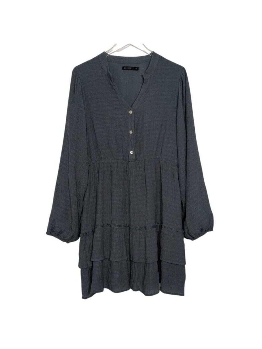 Mikarose Tiered Mini Dress Womens Size XL Blue Crinkle Long Sleeve Pockets